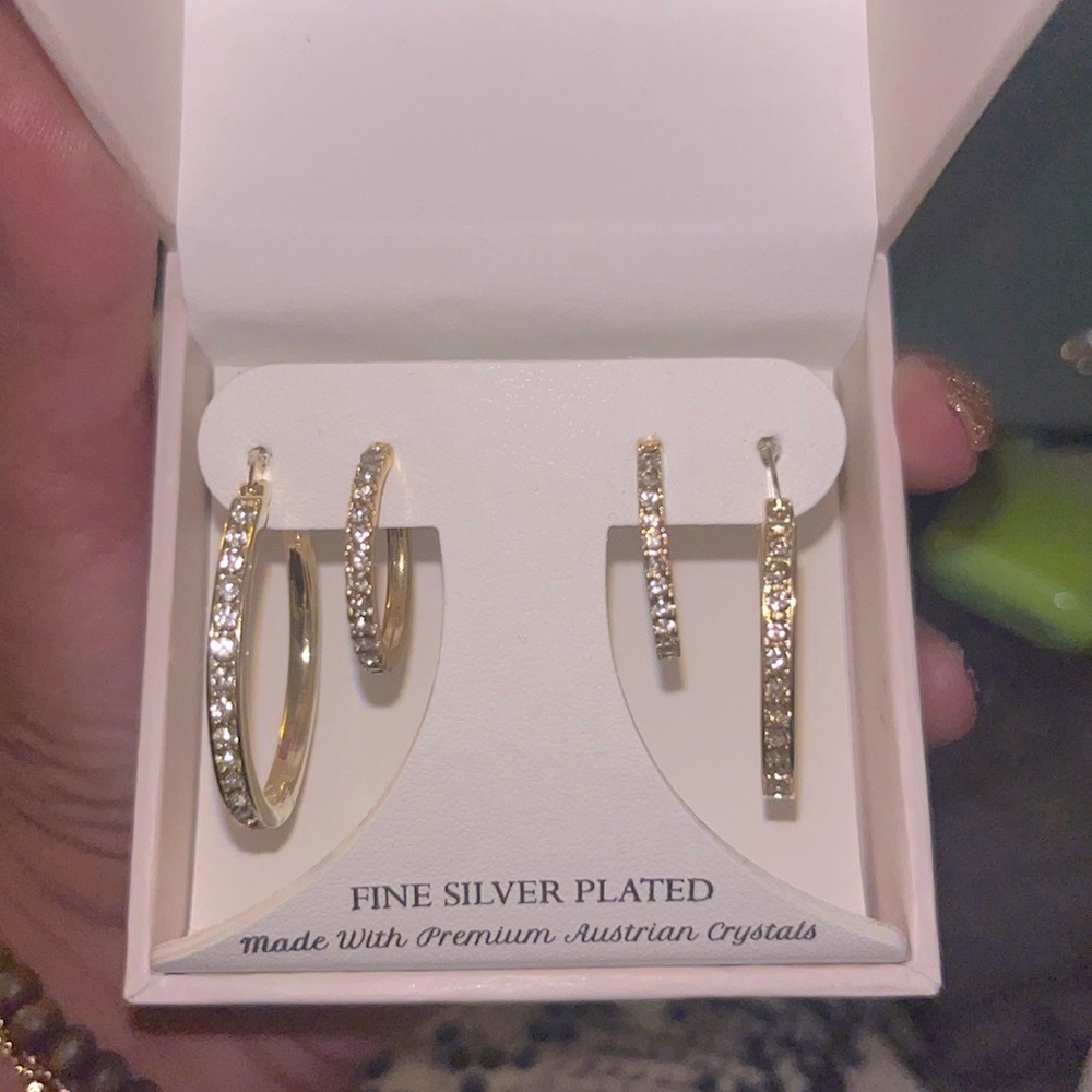 Plated Gold Hoop Earrings w/ Crystals (2sizes)
